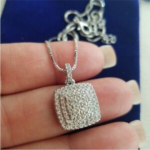 Swarovski Elements 925 Silver Square Pave Pendant Necklace NEW